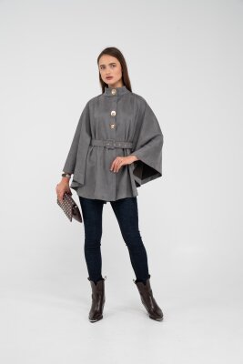 Süet Dokulu Kuşaklı Altın Düğmeli Kadın Pelerin Kap 9000 - 18