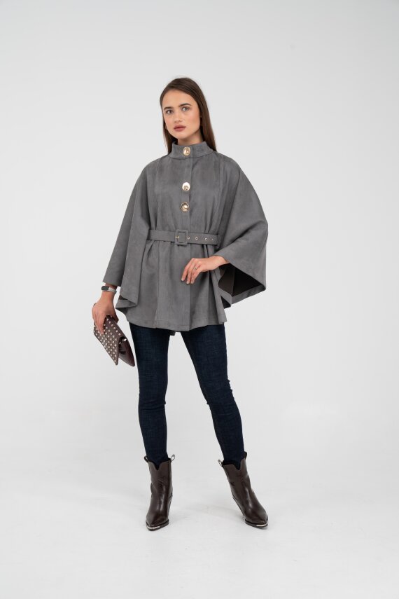 Süet Dokulu Kuşaklı Altın Düğmeli Kadın Pelerin Kap 9000 - 18