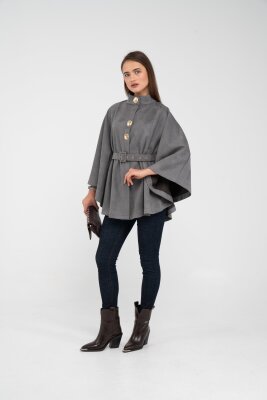 Süet Dokulu Kuşaklı Altın Düğmeli Kadın Pelerin Kap 9000 - 19