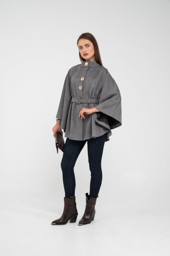 Süet Dokulu Kuşaklı Altın Düğmeli Kadın Pelerin Kap 9000 - 19