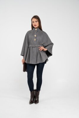 Süet Dokulu Kuşaklı Altın Düğmeli Kadın Pelerin Kap 9000 - 20