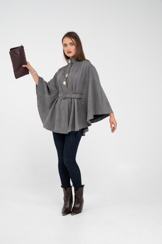 Süet Dokulu Kuşaklı Altın Düğmeli Kadın Pelerin Kap 9000 - 21