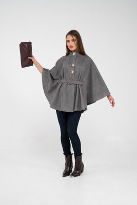 Süet Dokulu Kuşaklı Altın Düğmeli Kadın Pelerin Kap 9000 - 24