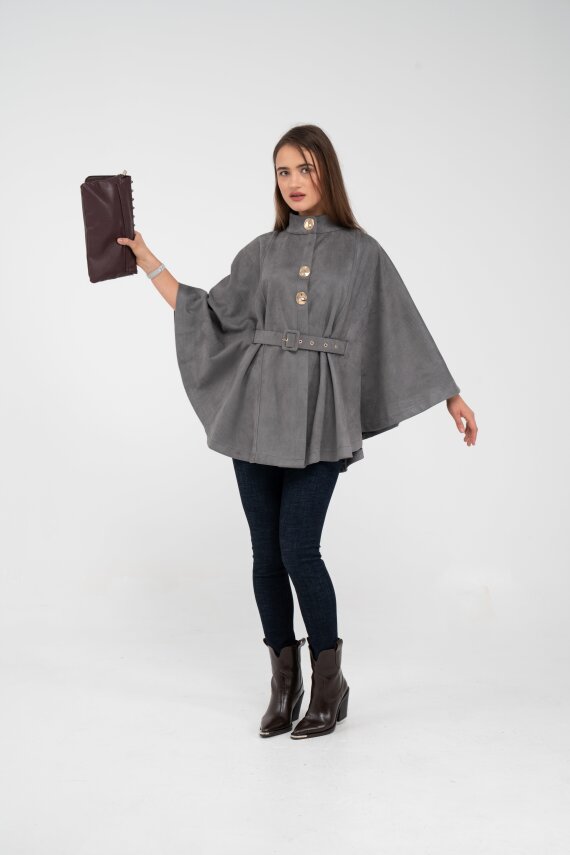 Süet Dokulu Kuşaklı Altın Düğmeli Kadın Pelerin Kap 9000 - 24