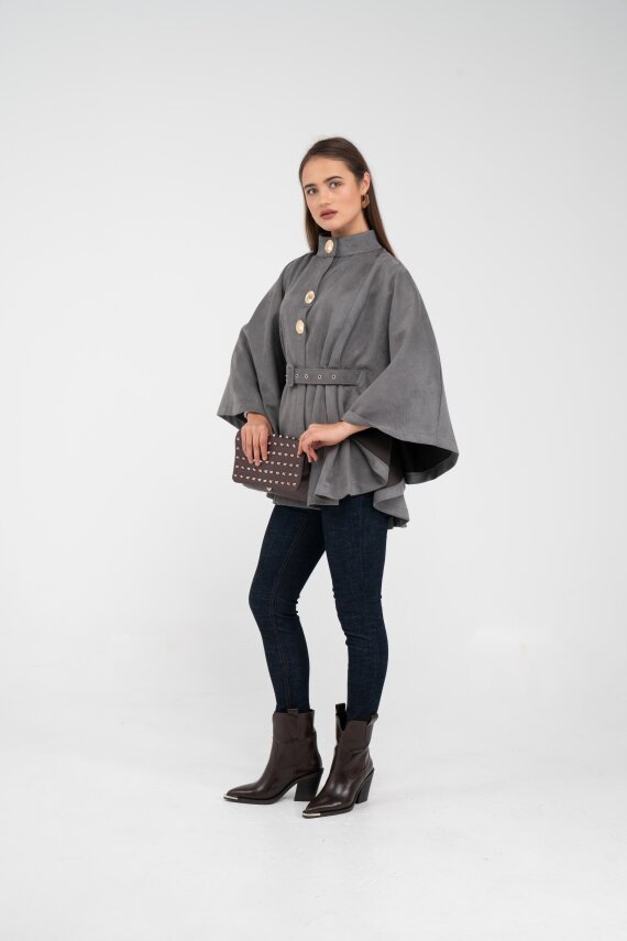 Süet Dokulu Kuşaklı Altın Düğmeli Kadın Pelerin Kap 9000 - 22