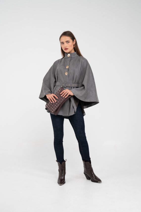 Süet Dokulu Kuşaklı Altın Düğmeli Kadın Pelerin Kap 9000 - 23