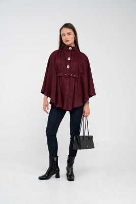 Süet Dokulu Kuşaklı Altın Düğmeli Kadın Pelerin Kap 9000 - 27