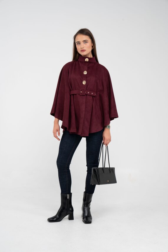 Süet Dokulu Kuşaklı Altın Düğmeli Kadın Pelerin Kap 9000 - 27