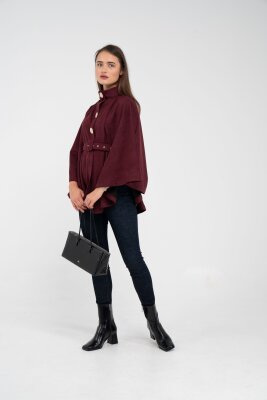 Süet Dokulu Kuşaklı Altın Düğmeli Kadın Pelerin Kap 9000 - 26