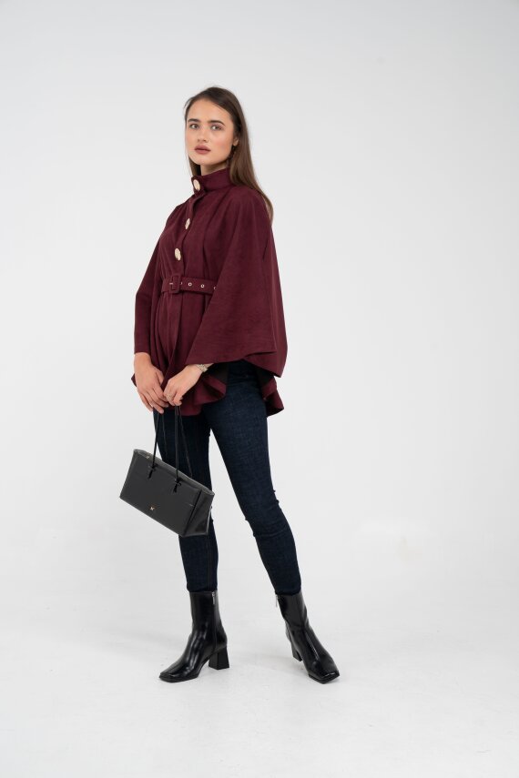 Süet Dokulu Kuşaklı Altın Düğmeli Kadın Pelerin Kap 9000 - 26