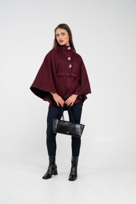 Süet Dokulu Kuşaklı Altın Düğmeli Kadın Pelerin Kap 9000 - 28