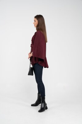 Süet Dokulu Kuşaklı Altın Düğmeli Kadın Pelerin Kap 9000 - 29