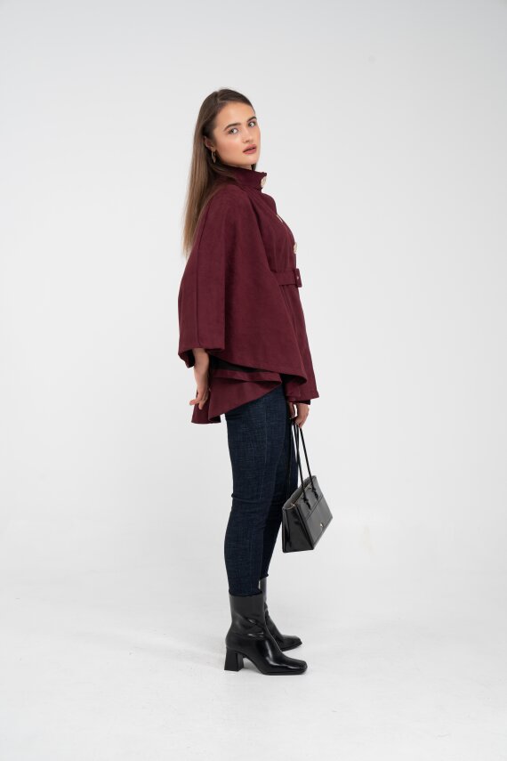 Süet Dokulu Kuşaklı Altın Düğmeli Kadın Pelerin Kap 9000 - 30