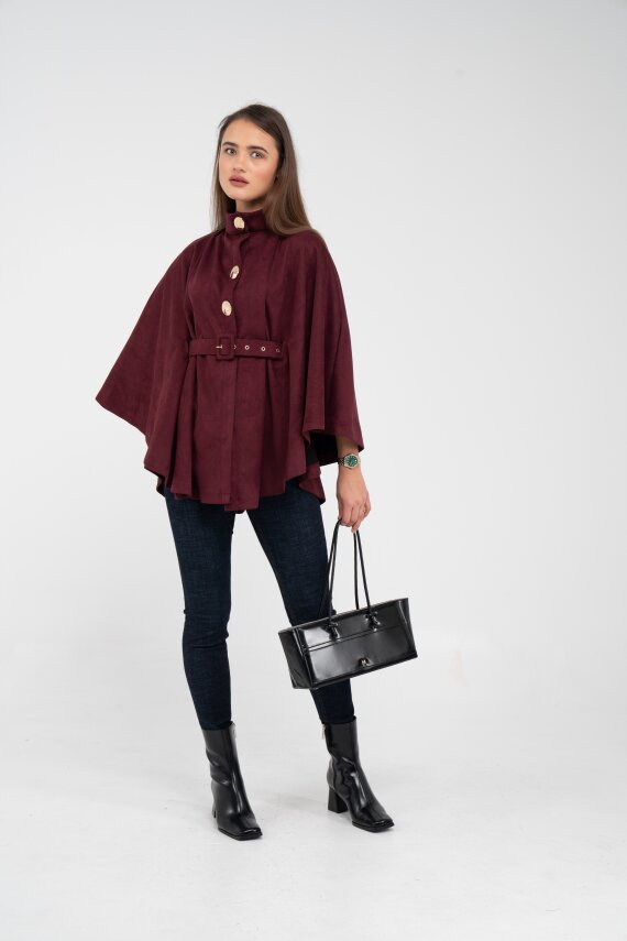 Süet Dokulu Kuşaklı Altın Düğmeli Kadın Pelerin Kap 9000 - 31