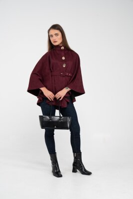 Süet Dokulu Kuşaklı Altın Düğmeli Kadın Pelerin Kap 9000 - 32