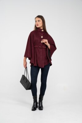 Süet Dokulu Kuşaklı Altın Düğmeli Kadın Pelerin Kap 9000 - 33