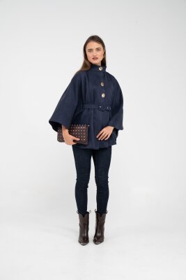 Süet Dokulu Kuşaklı Altın Düğmeli Kadın Pelerin Kap 9000 - 35