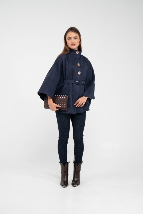 Süet Dokulu Kuşaklı Altın Düğmeli Kadın Pelerin Kap 9000 - 35