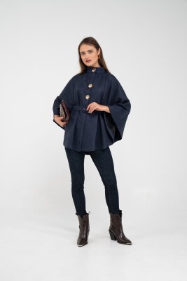 Süet Dokulu Kuşaklı Altın Düğmeli Kadın Pelerin Kap 9000 - 34