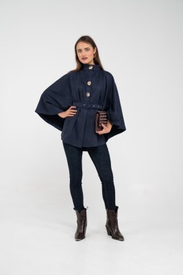 Süet Dokulu Kuşaklı Altın Düğmeli Kadın Pelerin Kap 9000 - 36