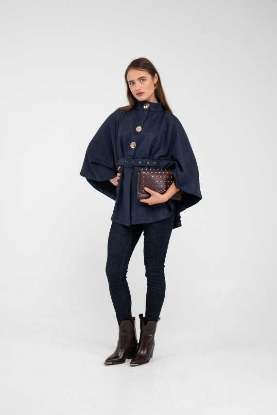 Süet Dokulu Kuşaklı Altın Düğmeli Kadın Pelerin Kap 9000 - 37