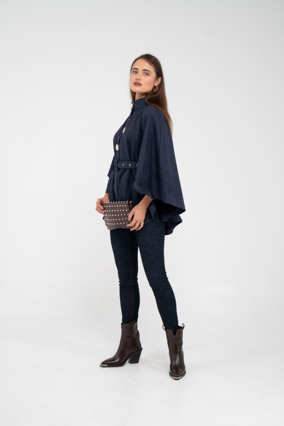 Süet Dokulu Kuşaklı Altın Düğmeli Kadın Pelerin Kap 9000 - 38