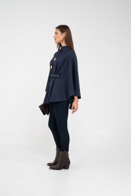 Süet Dokulu Kuşaklı Altın Düğmeli Kadın Pelerin Kap 9000 - 39