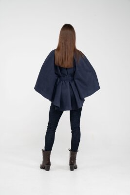 Süet Dokulu Kuşaklı Altın Düğmeli Kadın Pelerin Kap 9000 - 42