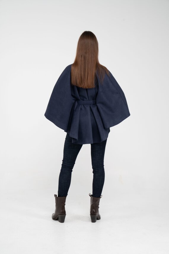 Süet Dokulu Kuşaklı Altın Düğmeli Kadın Pelerin Kap 9000 - 42