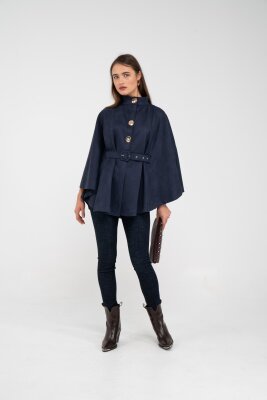 Süet Dokulu Kuşaklı Altın Düğmeli Kadın Pelerin Kap 9000 - 40