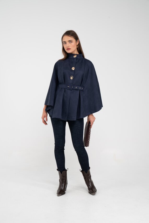 Süet Dokulu Kuşaklı Altın Düğmeli Kadın Pelerin Kap 9000 - 40