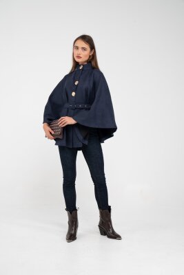 Süet Dokulu Kuşaklı Altın Düğmeli Kadın Pelerin Kap 9000 - 41