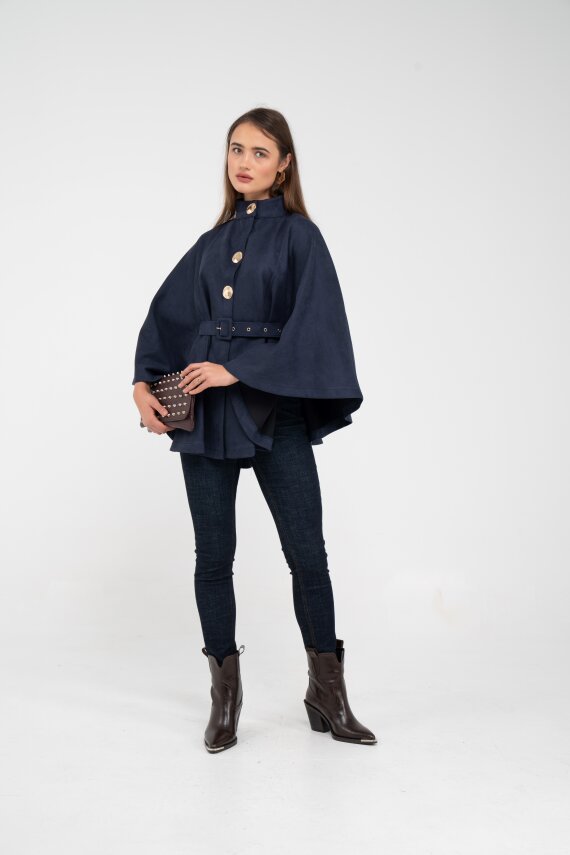 Süet Dokulu Kuşaklı Altın Düğmeli Kadın Pelerin Kap 9000 - 41