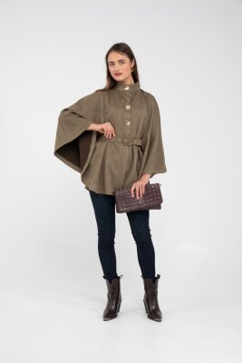 Süet Dokulu Kuşaklı Altın Düğmeli Kadın Pelerin Kap 9000 - 43