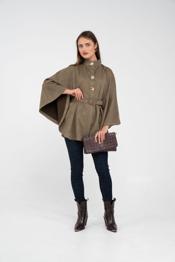 Süet Dokulu Kuşaklı Altın Düğmeli Kadın Pelerin Kap 9000 - 43