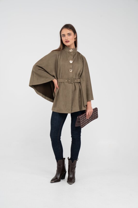 Süet Dokulu Kuşaklı Altın Düğmeli Kadın Pelerin Kap 9000 - 44