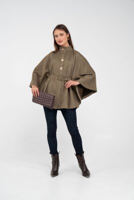 Süet Dokulu Kuşaklı Altın Düğmeli Kadın Pelerin Kap 9000 - 45