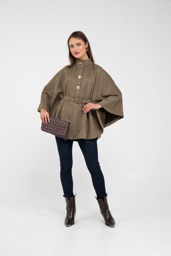 Süet Dokulu Kuşaklı Altın Düğmeli Kadın Pelerin Kap 9000 - 45