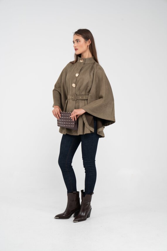 Süet Dokulu Kuşaklı Altın Düğmeli Kadın Pelerin Kap 9000 - 46