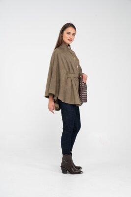 Süet Dokulu Kuşaklı Altın Düğmeli Kadın Pelerin Kap 9000 - 48