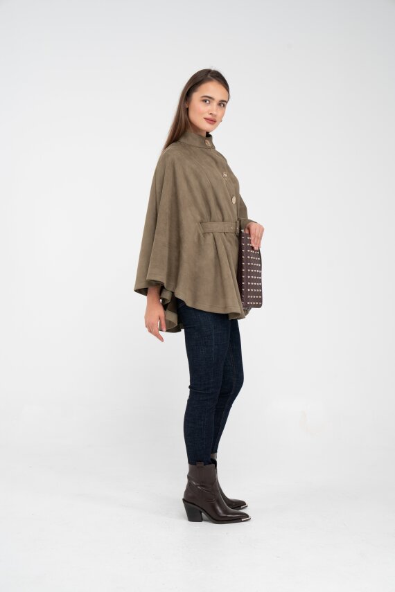 Süet Dokulu Kuşaklı Altın Düğmeli Kadın Pelerin Kap 9000 - 48