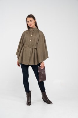 Süet Dokulu Kuşaklı Altın Düğmeli Kadın Pelerin Kap 9000 - 49