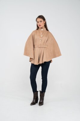 Süet Dokulu Kuşaklı Altın Düğmeli Kadın Pelerin Kap 9000 - 51