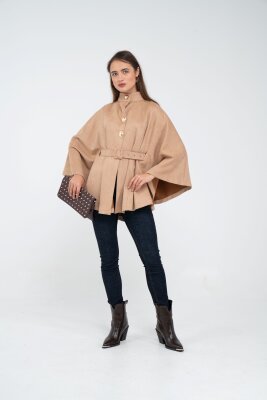 Süet Dokulu Kuşaklı Altın Düğmeli Kadın Pelerin Kap 9000 - 52