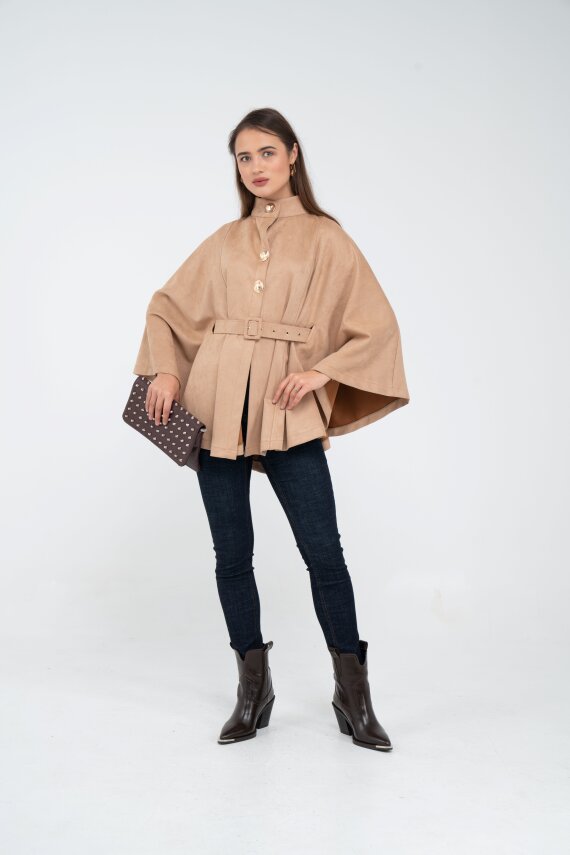 Süet Dokulu Kuşaklı Altın Düğmeli Kadın Pelerin Kap 9000 - 52