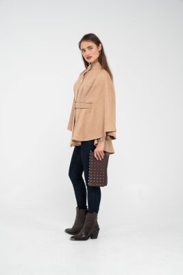 Süet Dokulu Kuşaklı Altın Düğmeli Kadın Pelerin Kap 9000 - 55