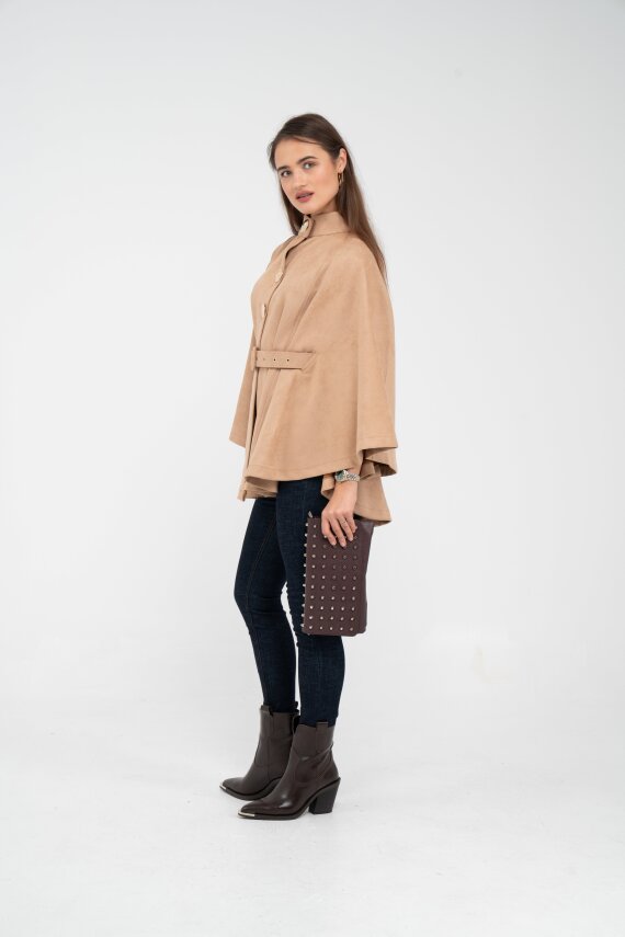 Süet Dokulu Kuşaklı Altın Düğmeli Kadın Pelerin Kap 9000 - 55