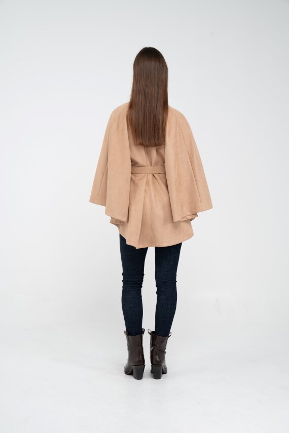 Süet Dokulu Kuşaklı Altın Düğmeli Kadın Pelerin Kap 9000 - 58