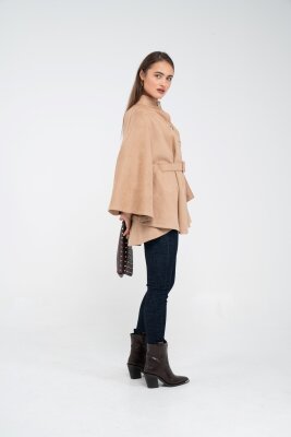 Süet Dokulu Kuşaklı Altın Düğmeli Kadın Pelerin Kap 9000 - 56