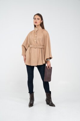 Süet Dokulu Kuşaklı Altın Düğmeli Kadın Pelerin Kap 9000 - 57